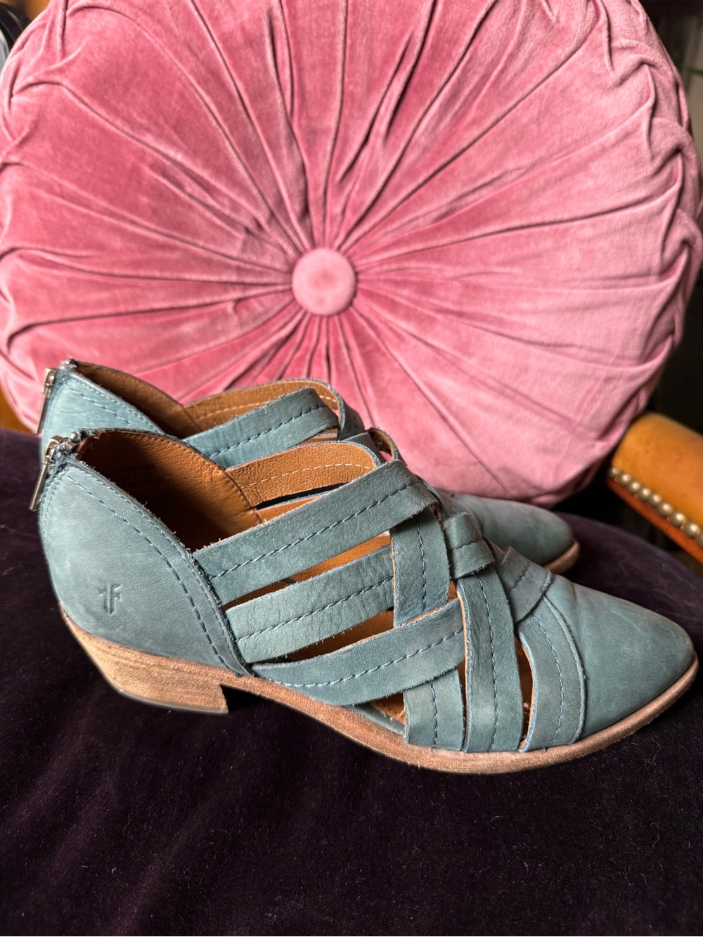 Frye Teal Leather Strappy Cutout Mules